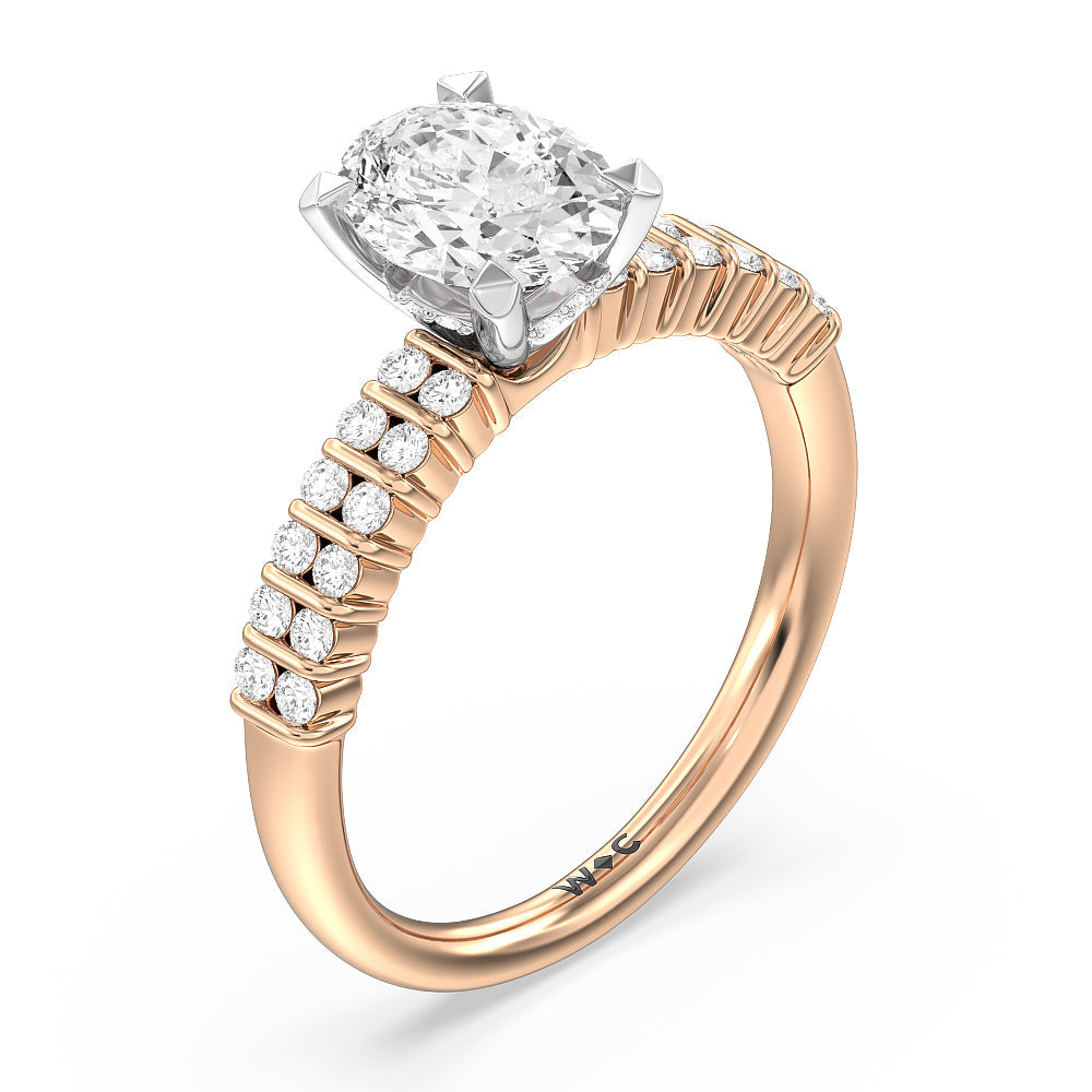 Double Row Diamond Hidden Halo Engagement Ring with Oval Cut Diamond in 14KT White & Rose Gold view 3
