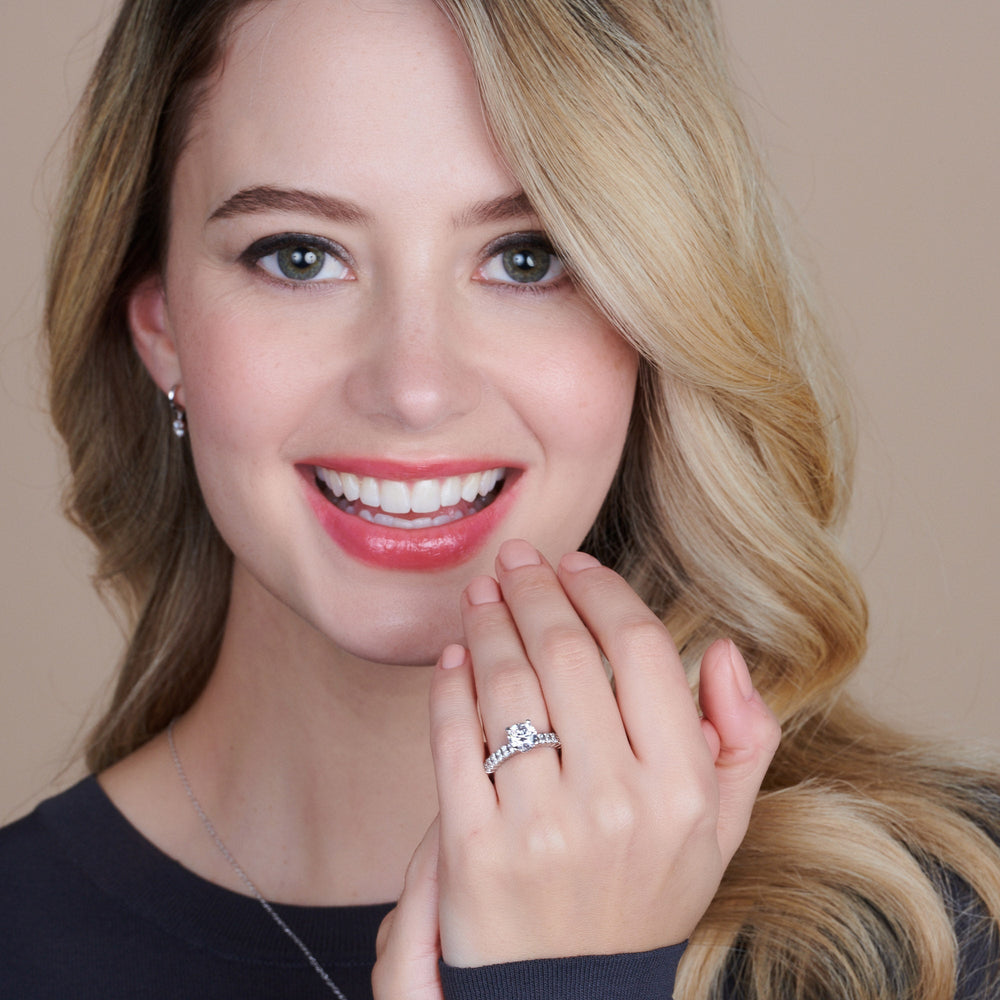 Model Wearing Double Row Diamond Hidden Halo Engagement Ring view