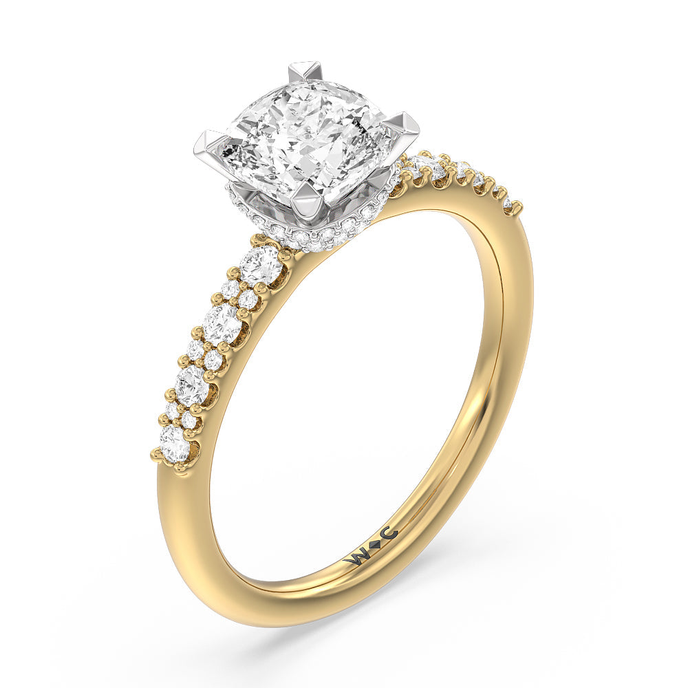Cushion Cut Modern Pave Diamond Hidden Halo Ring with Lab Grown Diamond in 14KT White & Yellow Gold view 3
