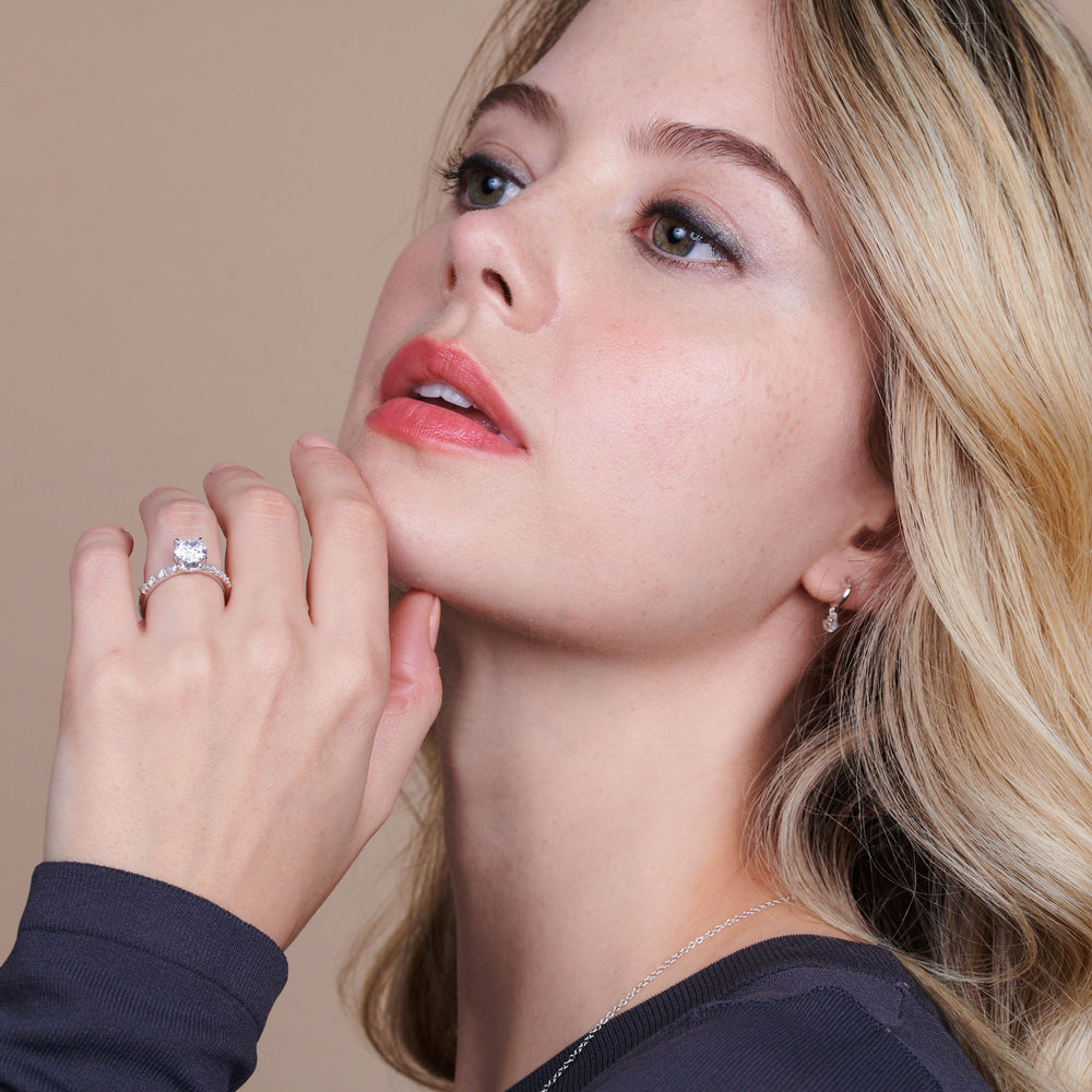 Model Wearing Modern Pave Diamond Hidden Halo Ring with Lab Grown Diamond view