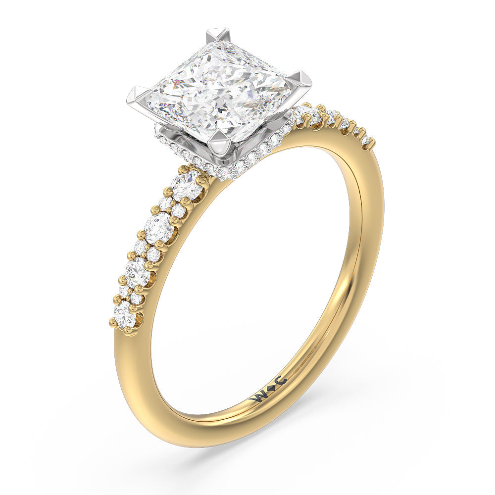 Princess Cut Modern Pave Diamond Hidden Halo Ring with Lab Grown Diamond in 14KT White & Yellow Gold view 3
