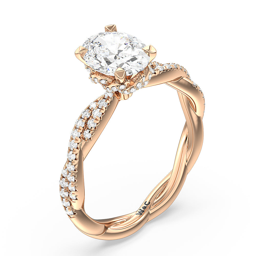 Twisted Vine Hidden Halo Engagement Ring with Oval Cut Diamond in 14KT Rose Gold view 3
