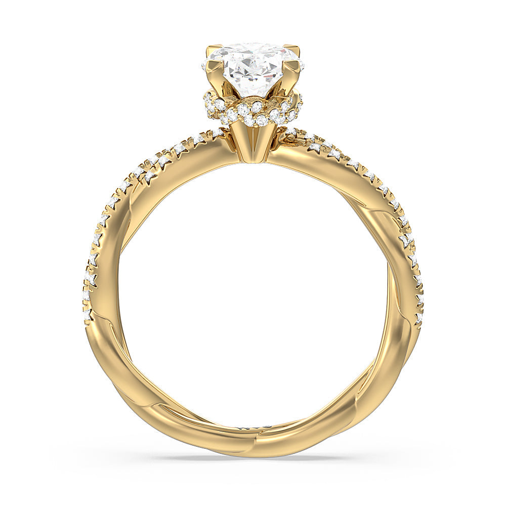 Twisted Vine Hidden Halo Engagement Ring with Oval Cut Diamond in 14KT Yellow Gold view 2
