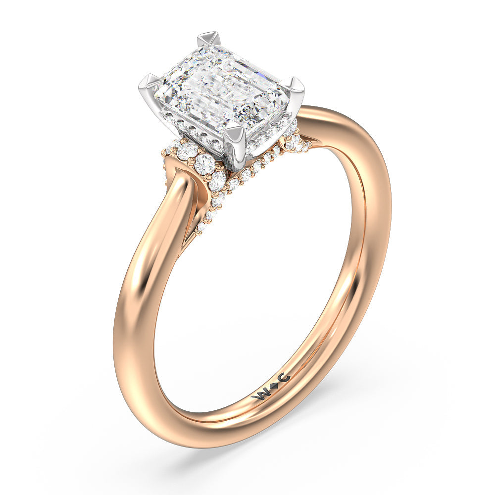 Emerald Cut Diamond Wrap Shoulder Hidden Halo Engagement Ring with Lab Grown Diamond in 14KT White & Rose Gold view 3
