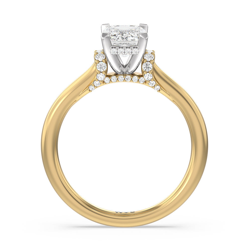 Emerald Cut Diamond Wrap Shoulder Hidden Halo Engagement Ring with Lab Grown Diamond in 14KT White & Yellow Gold view 2
