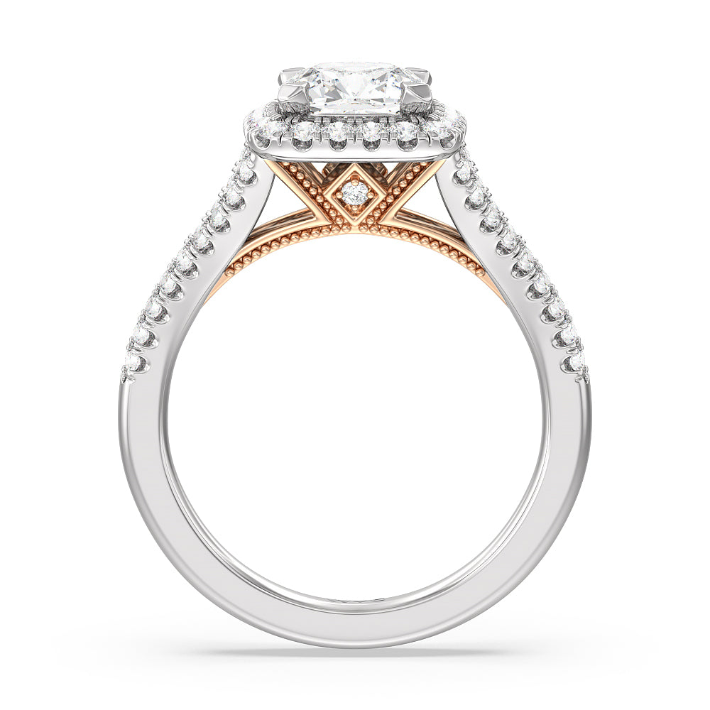 Cushion Cut Split Shank Hidden Accent Halo Engagement Ring with Lab Grown Diamond in 14KT White & Rose Gold view 2
