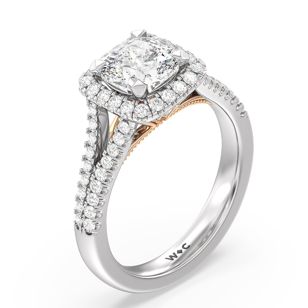 Cushion Cut Split Shank Hidden Accent Halo Engagement Ring with Lab Grown Diamond in 14KT White & Rose Gold view 3
