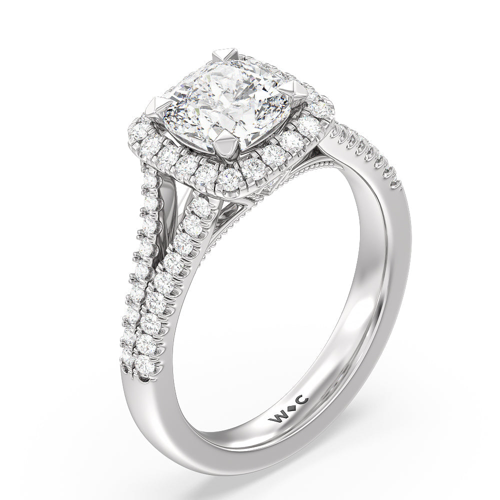 Cushion Cut Split Shank Hidden Accent Halo Engagement Ring with Lab Grown Diamond in 14KT Platinum view 3
