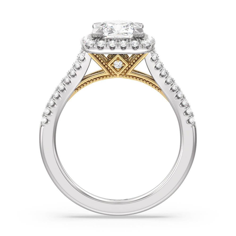 Cushion Cut Split Shank Hidden Accent Halo Engagement Ring with Lab Grown Diamond in 14KT White & Yellow Gold view 2
