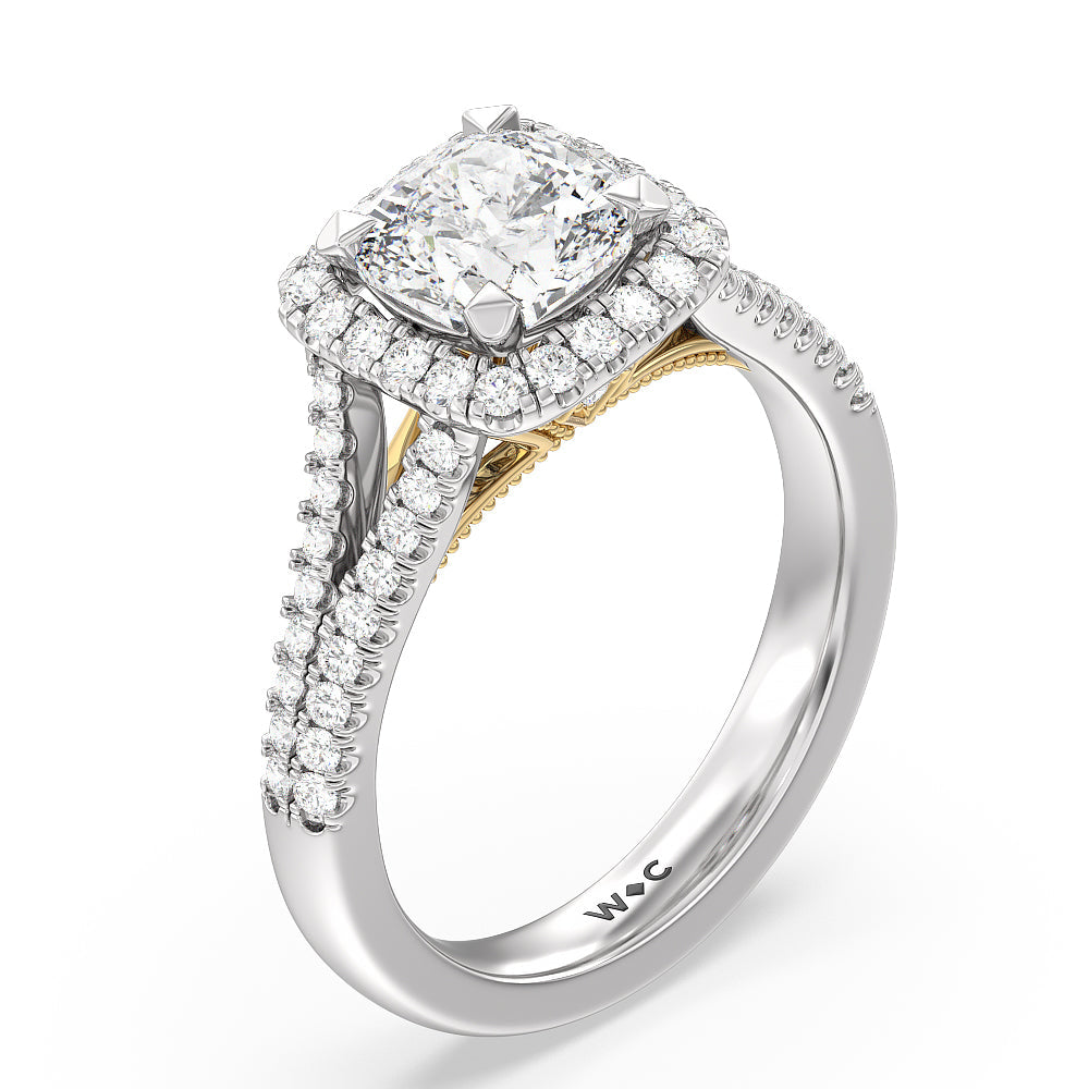 Cushion Cut Split Shank Hidden Accent Halo Engagement Ring with Lab Grown Diamond in 14KT White & Yellow Gold view 3
