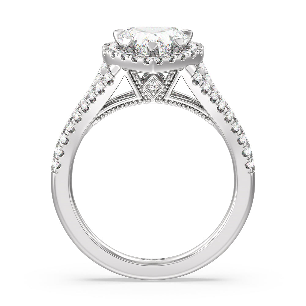 Heart Cut Split Shank Hidden Accent Halo Engagement Ring with Lab Grown Diamond in 14KT Platinum view 2
