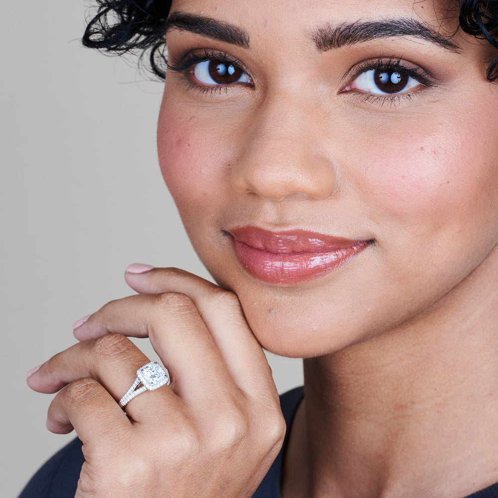 Model Wearing Split Shank Hidden Accent Halo Engagement Ring with Lab Grown Diamond view