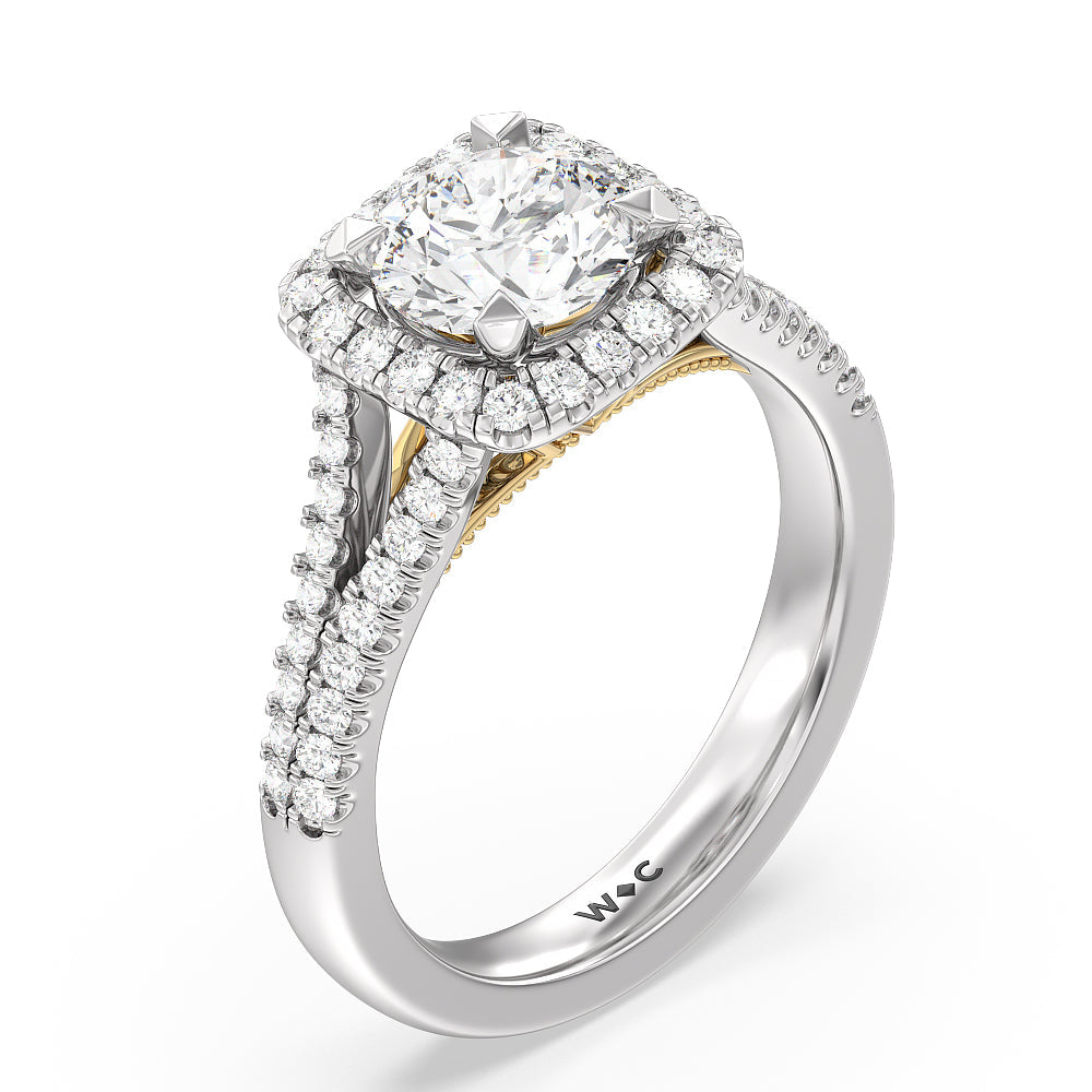 Round Cut Split Shank Hidden Accent Halo Engagement Ring with Lab Grown Diamond in 14KT White & Yellow Gold view 3

