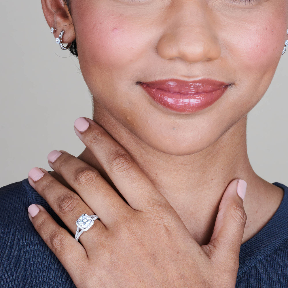 Model Wearing Split Shank Hidden Accent Halo Engagement Ring with Lab Grown Diamond view