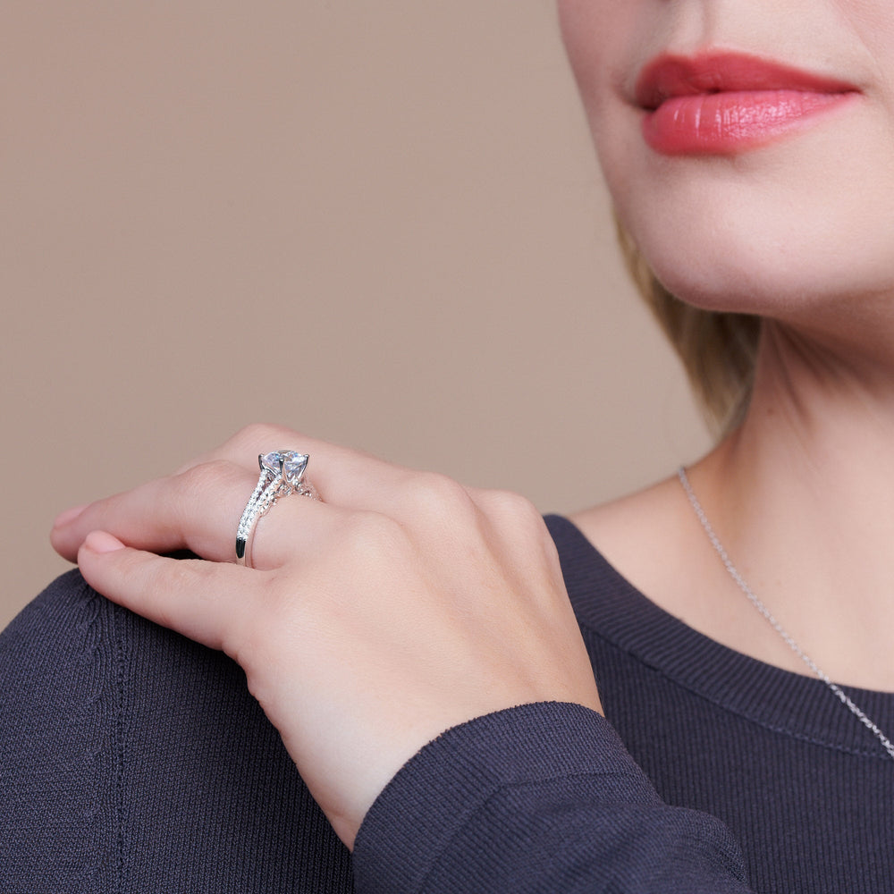 Model Wearing Split Shank Hidden Accent Engagement Ring with Lab Grown Diamond view