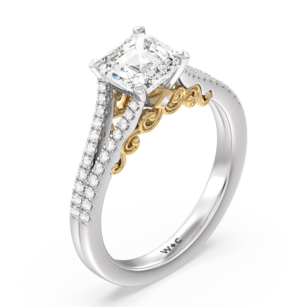 Princess Cut Split Shank Hidden Accent Engagement Ring with Lab Grown Diamond in 14KT White & Yellow Gold view 3
