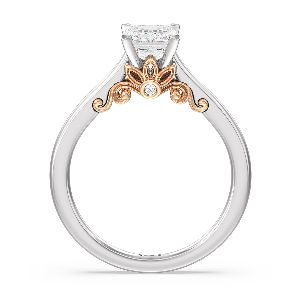 Petal Hidden Accent Scroll Engagement Ring with Emerald Cut Diamond in 14KT White & Rose Gold view 2
