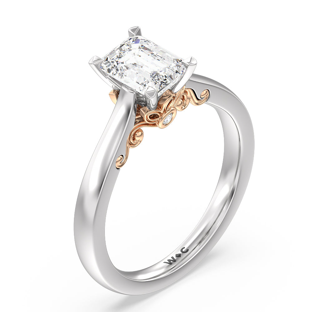 Petal Hidden Accent Scroll Engagement Ring with Emerald Cut Diamond in 14KT White & Rose Gold view 3
