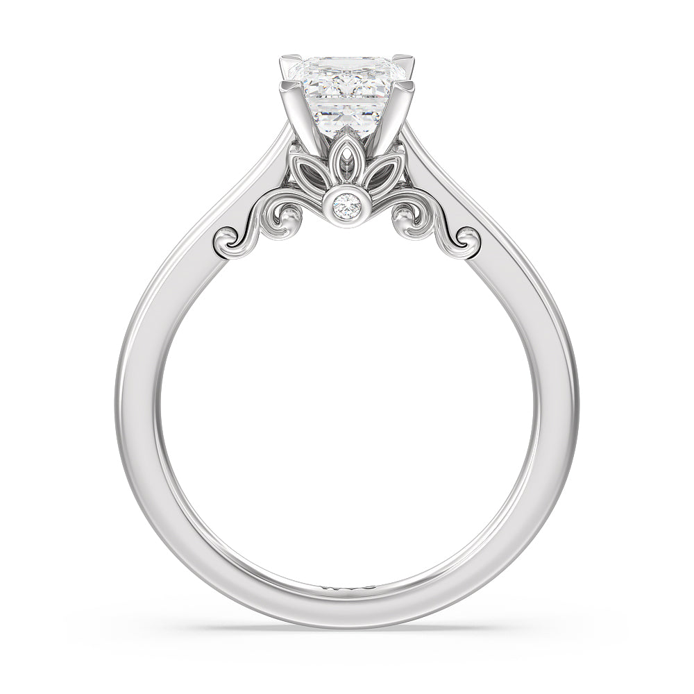 Petal Hidden Accent Scroll Engagement Ring with Emerald Cut Diamond in 14KT Platinum view 2
