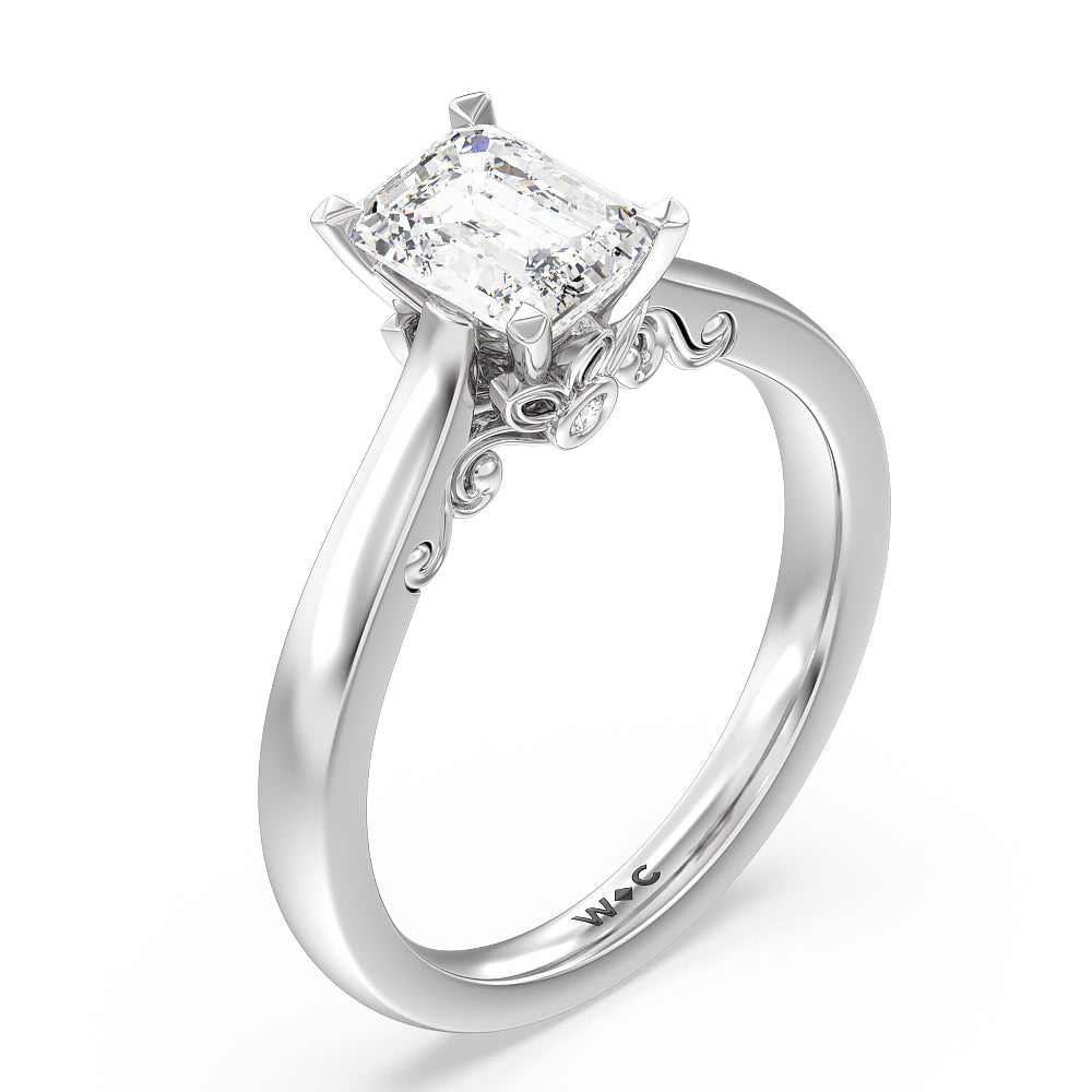 Petal Hidden Accent Scroll Engagement Ring with Emerald Cut Diamond in 14KT Platinum view 3
