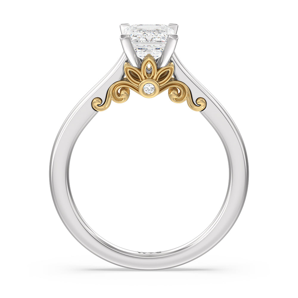 Petal Hidden Accent Scroll Engagement Ring with Emerald Cut Diamond in 14KT White & Yellow Gold view 2
