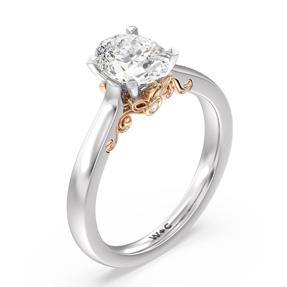 Petal Hidden Accent Scroll Engagement Ring with Oval Cut Diamond in 14KT White & Rose Gold view 3
