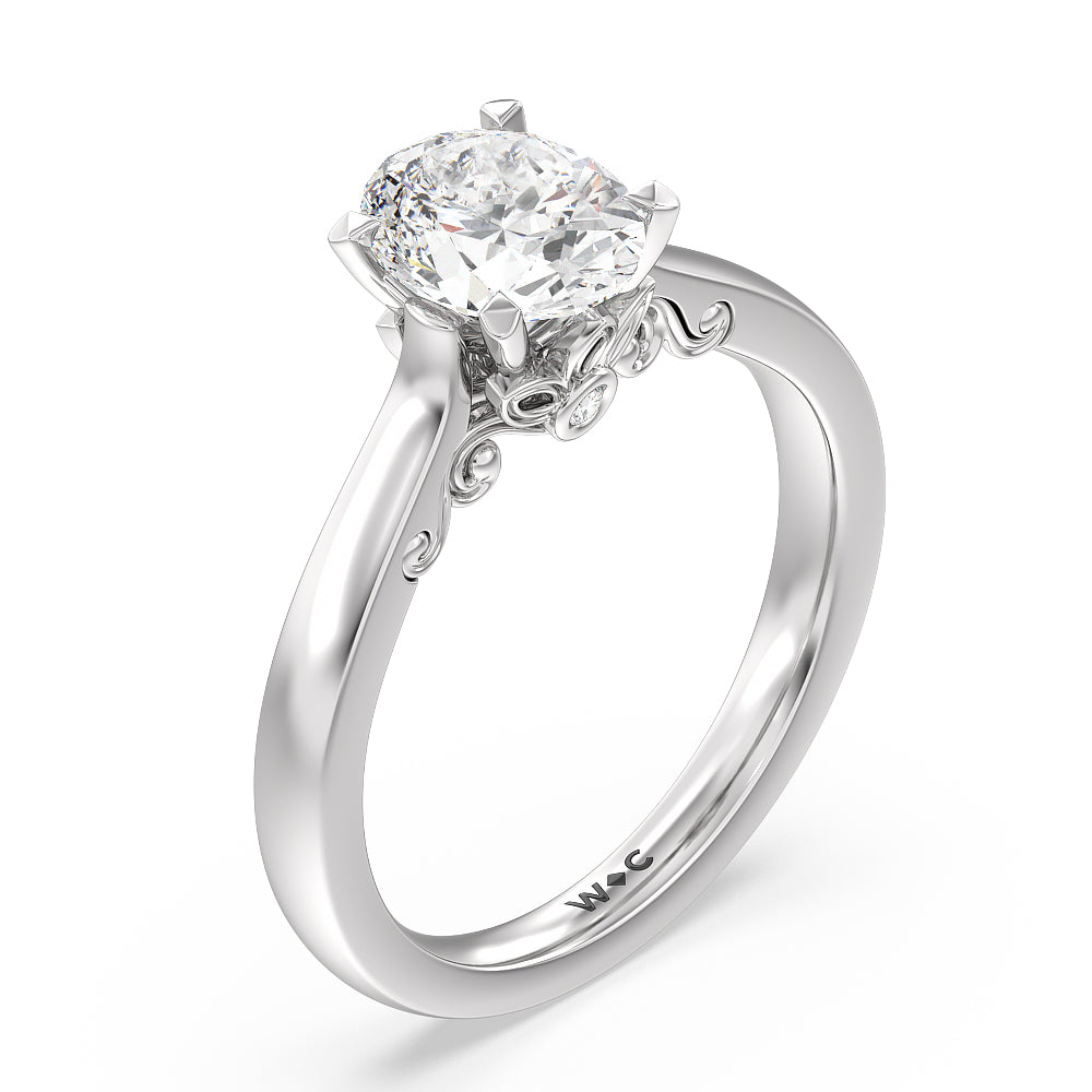 Petal Hidden Accent Scroll Engagement Ring with Oval Cut Diamond in 14KT Platinum view 3

