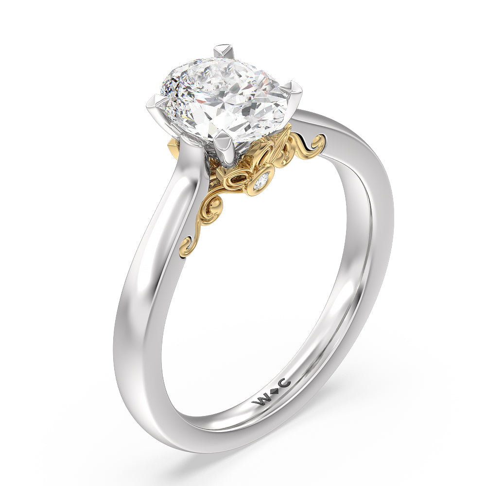 Petal Hidden Accent Scroll Engagement Ring with Oval Cut Diamond in 14KT White & Yellow Gold view 3
