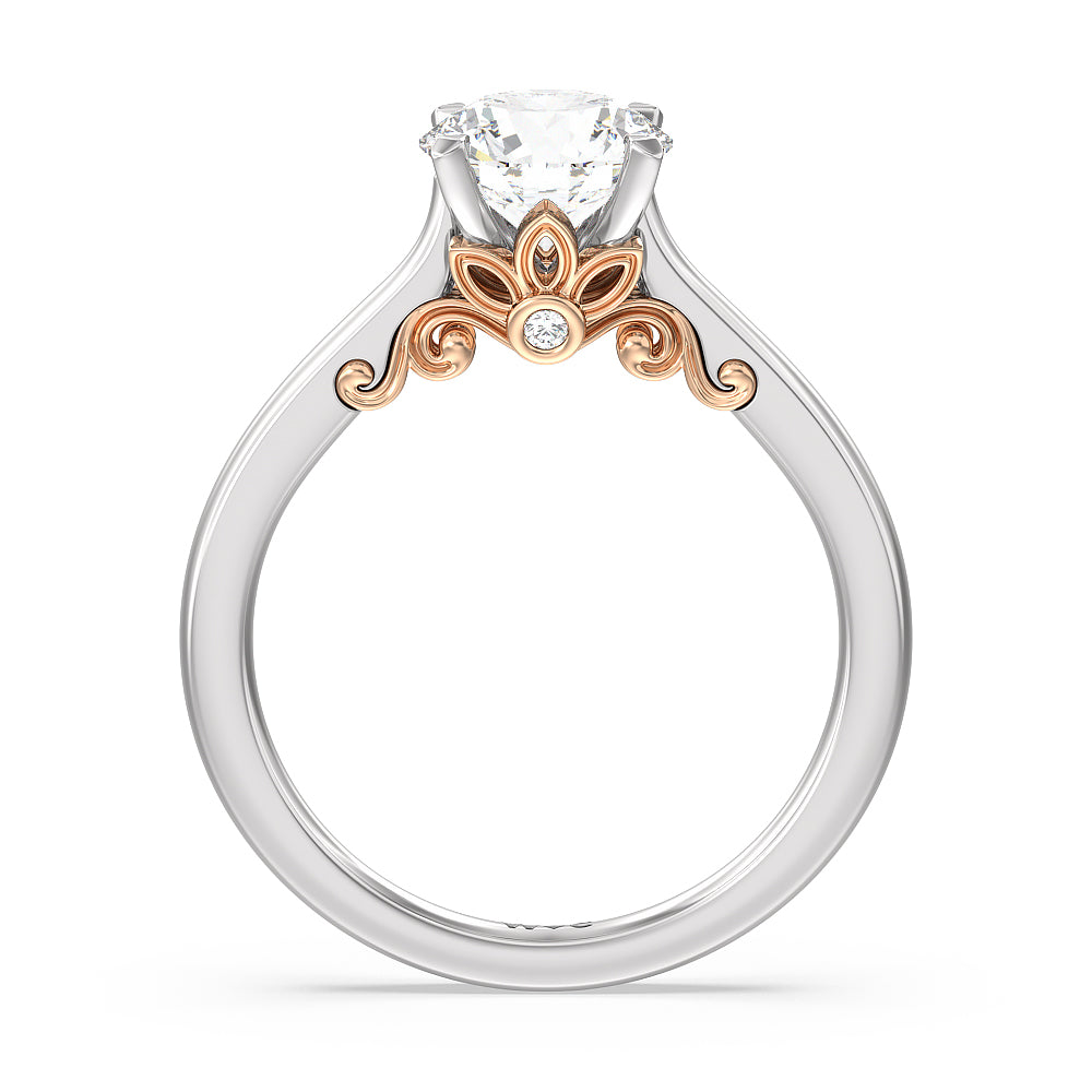 Petal Hidden Accent Scroll Engagement Ring with Round Cut Diamond in 14KT White & Rose Gold view 2
