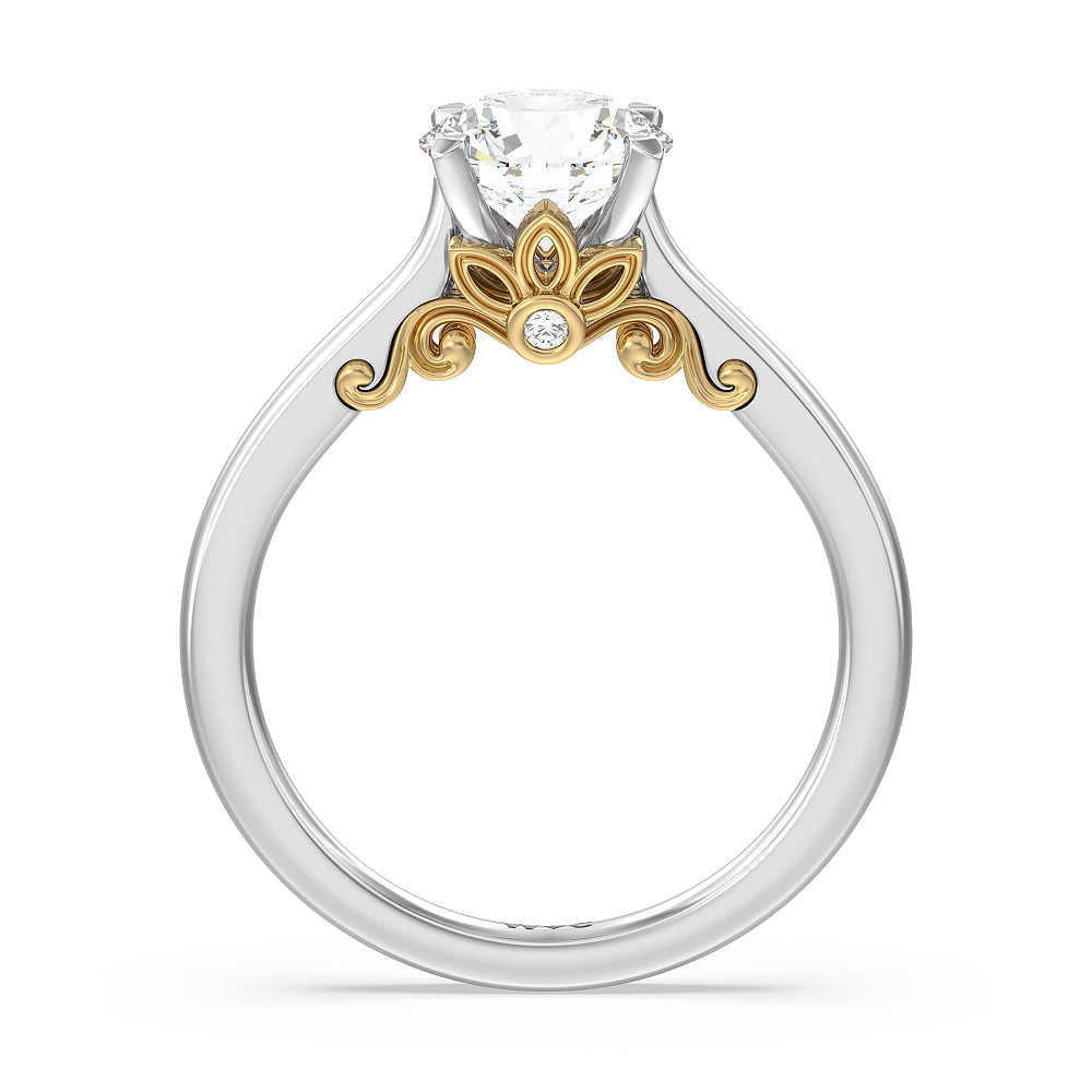 Petal Hidden Accent Scroll Engagement Ring with Round Cut Diamond in 14KT White & Yellow Gold view 2
