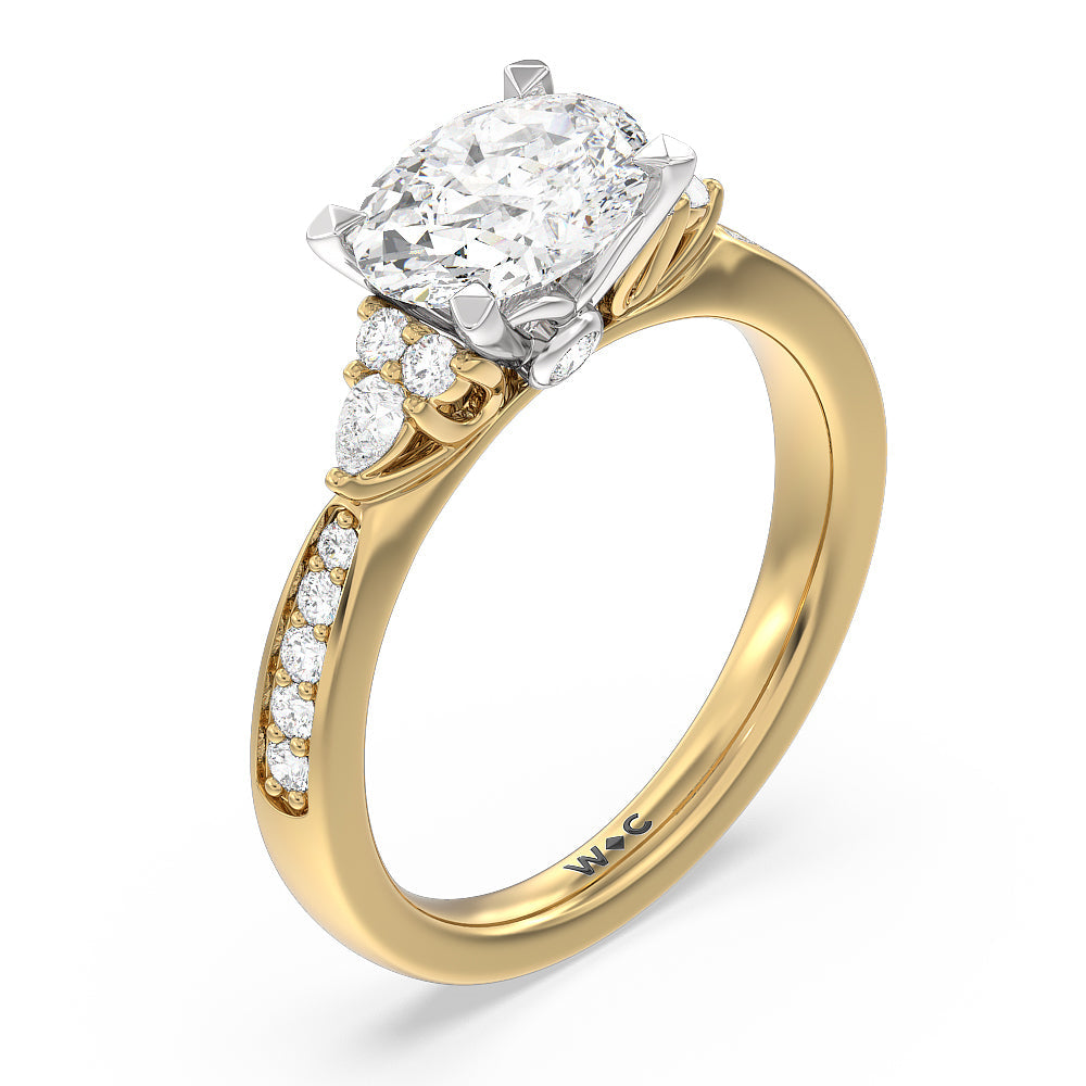 West Oval Cut Triple Diamond Hidden Accent Engagement Ring with Lab Grown Diamond in 14KT White & Yellow Gold view 3
