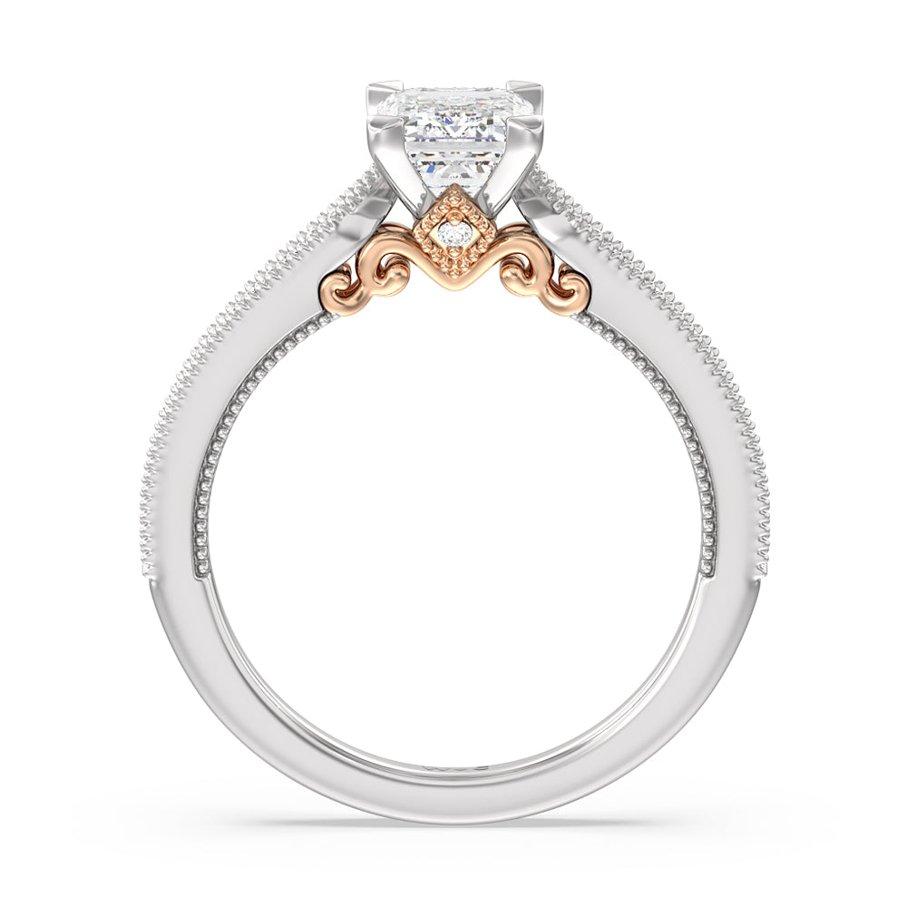 Milgrain Hidden Accent Engagement Ring with Emerald Cut Diamond in 14KT White & Rose Gold view 2
