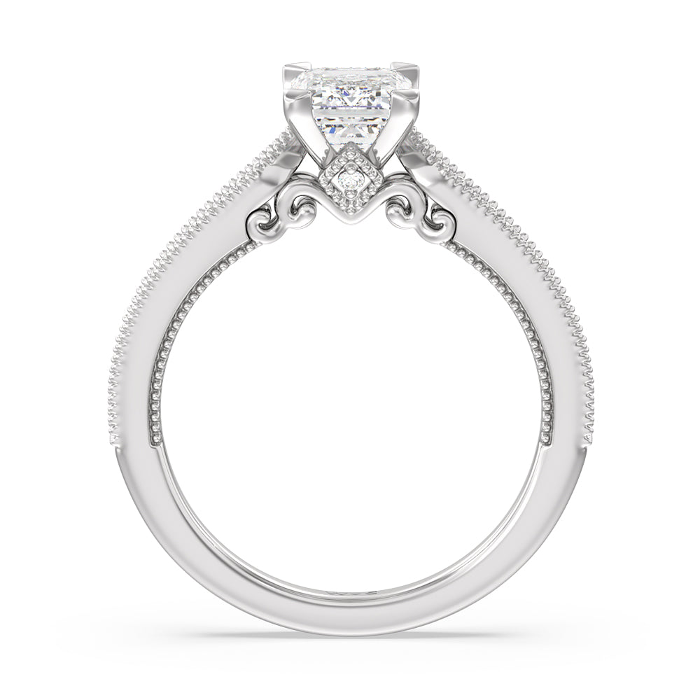 Milgrain Hidden Accent Engagement Ring with Emerald Cut Diamond in 14KT Platinum view 2
