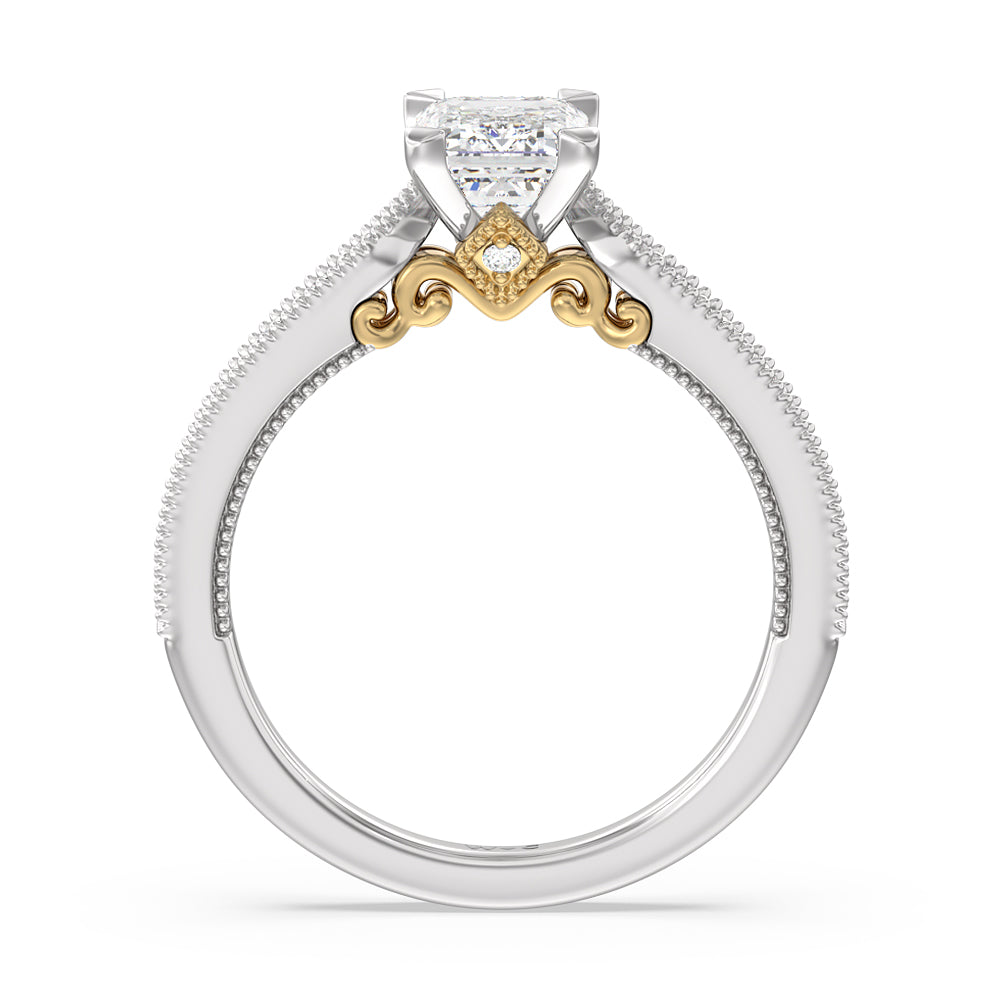 Milgrain Hidden Accent Engagement Ring with Emerald Cut Diamond in 14KT White & Yellow Gold view 2
