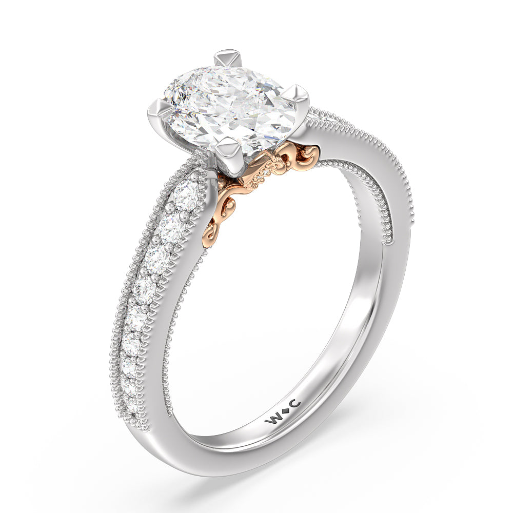 Milgrain Hidden Accent Engagement Ring with Oval Cut Diamond in 14KT White & Rose Gold view 3
