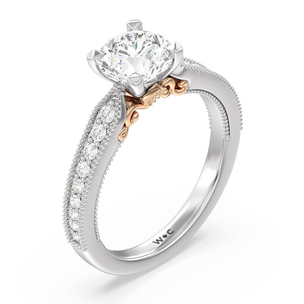 Milgrain Hidden Accent Engagement Ring with Round Cut Diamond in 14KT White & Rose Gold view 3

