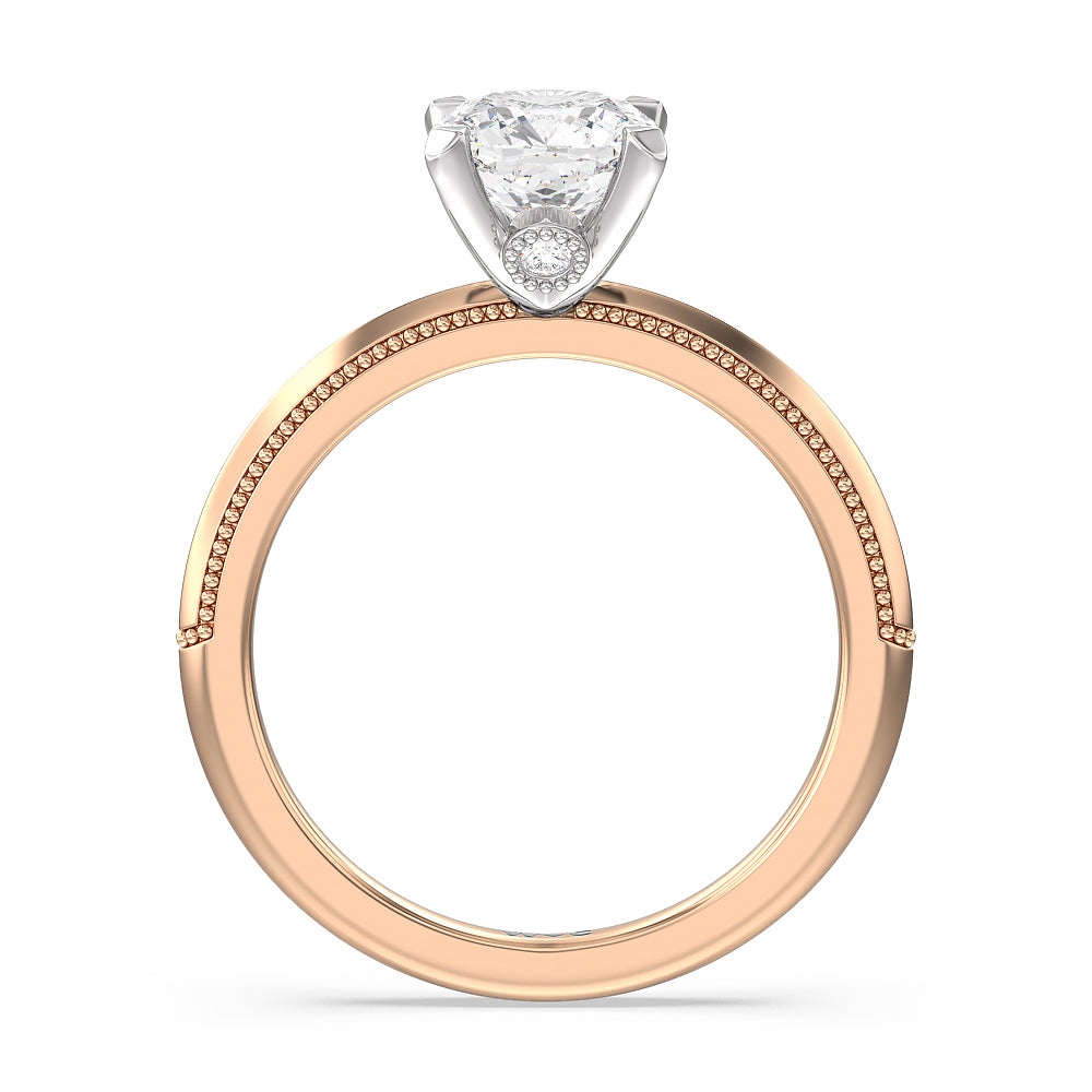 Milgrain Knife Edge Hidden Accent Engagement Ring with Cushion Cut Diamond in 14KT White & Rose Gold view 2

