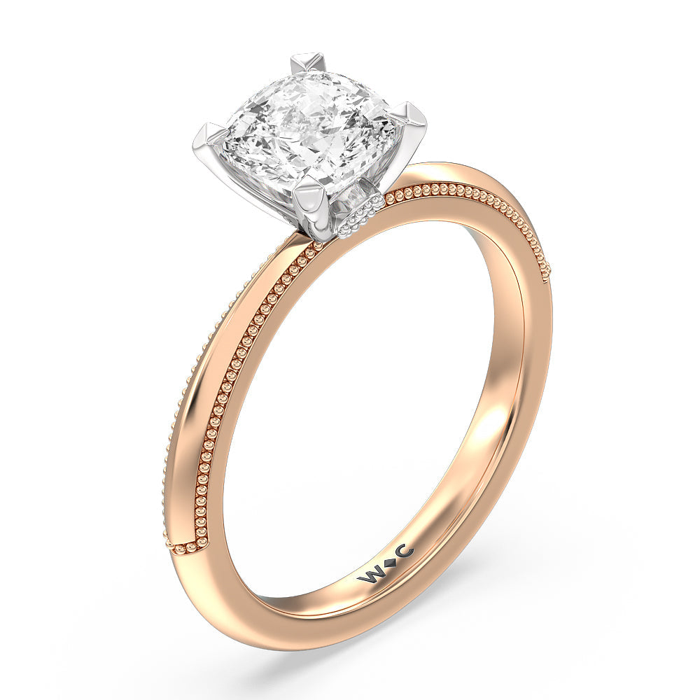 Milgrain Knife Edge Hidden Accent Engagement Ring with Cushion Cut Diamond in 14KT White & Rose Gold view 3
