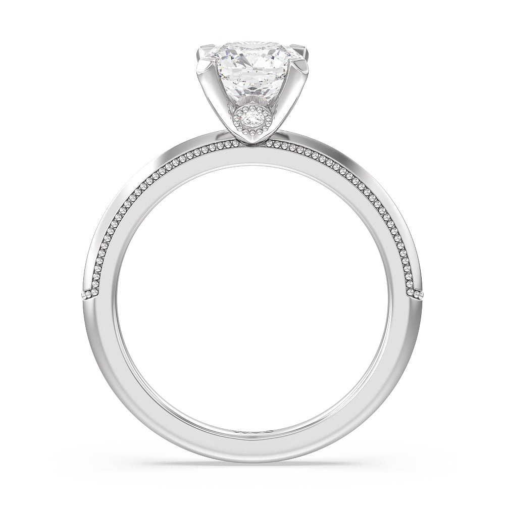 Milgrain Knife Edge Hidden Accent Engagement Ring with Cushion Cut Diamond in 14KT Platinum view 2
