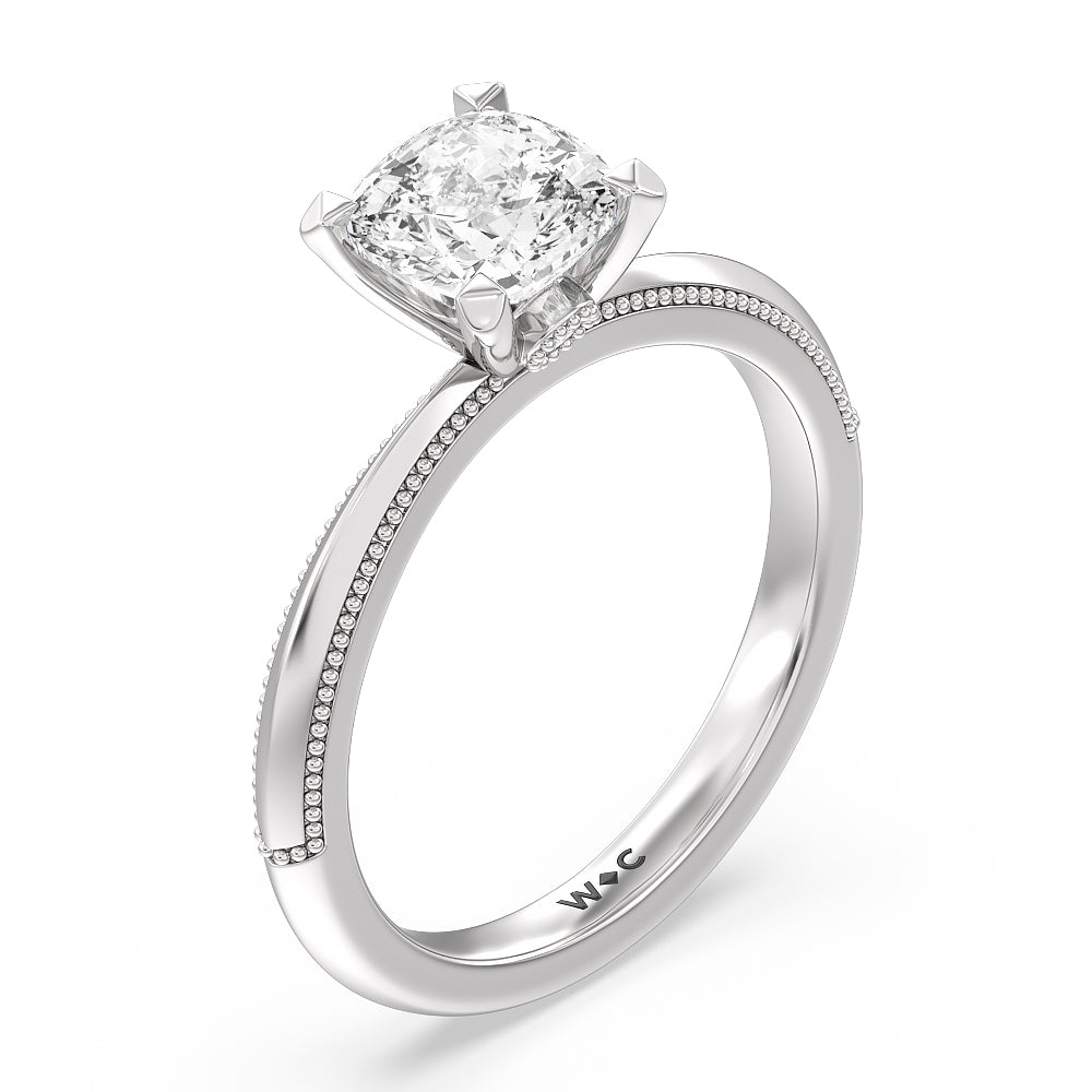 Milgrain Knife Edge Hidden Accent Engagement Ring with Cushion Cut Diamond in 14KT Platinum view 3
