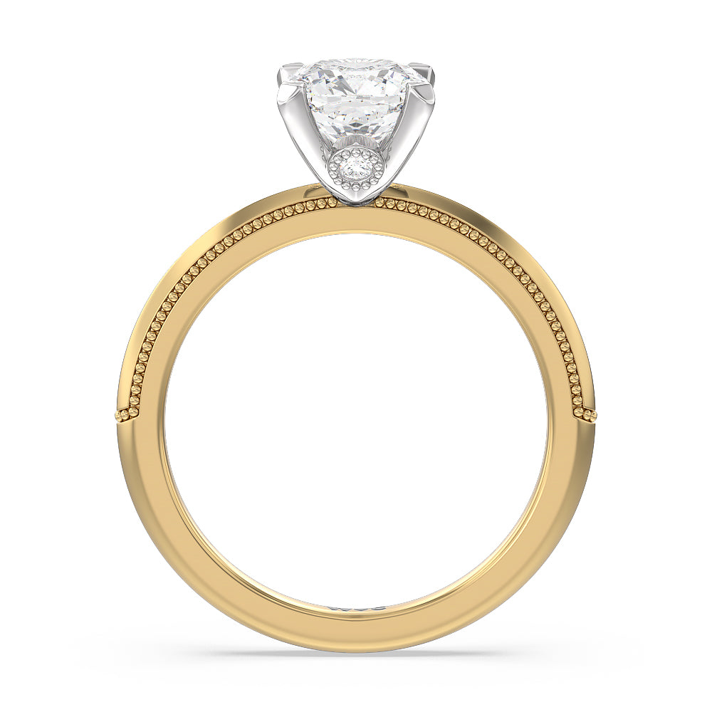 Milgrain Knife Edge Hidden Accent Engagement Ring with Cushion Cut Diamond in 14KT White & Yellow Gold view 2
