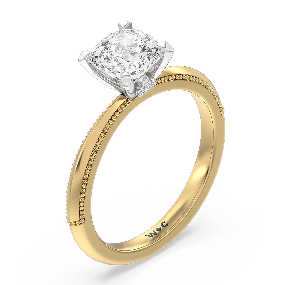 Milgrain Knife Edge Hidden Accent Engagement Ring with Cushion Cut Diamond in 14KT White & Yellow Gold view 3
