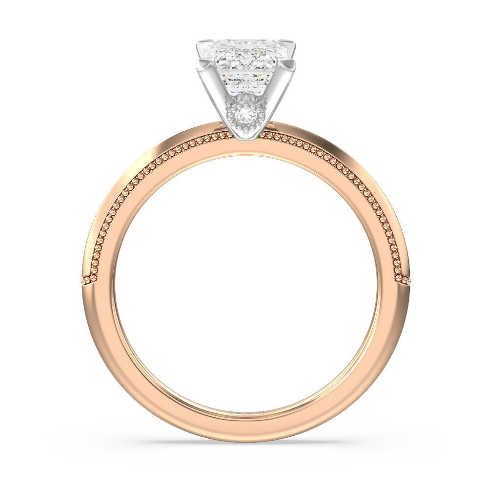 Milgrain Knife Edge Hidden Accent Engagement Ring with Emerald Cut Diamond in 14KT White & Rose Gold view 2
