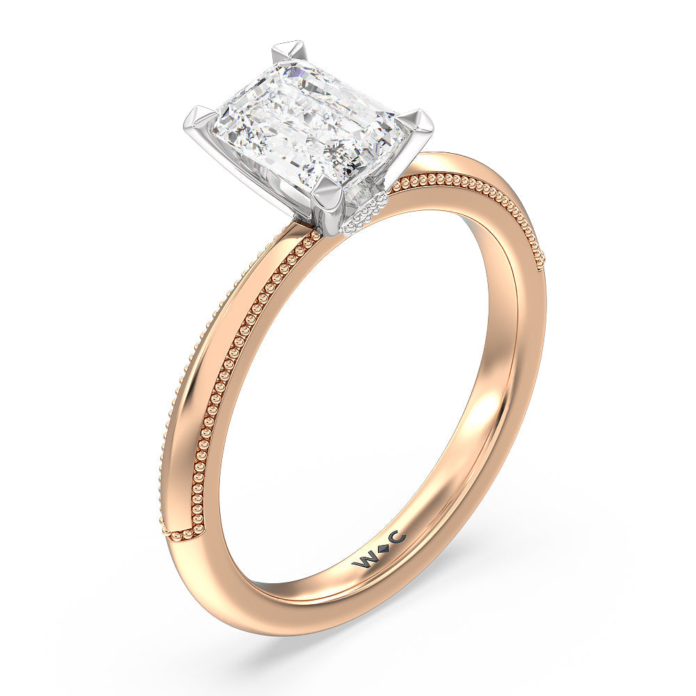 Milgrain Knife Edge Hidden Accent Engagement Ring with Emerald Cut Diamond in 14KT White & Rose Gold view 3
