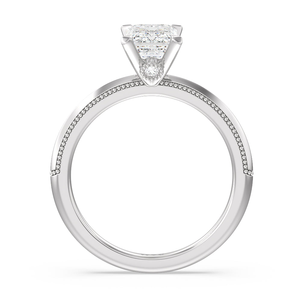 Milgrain Knife Edge Hidden Accent Engagement Ring with Emerald Cut Diamond in 14KT Platinum view 2
