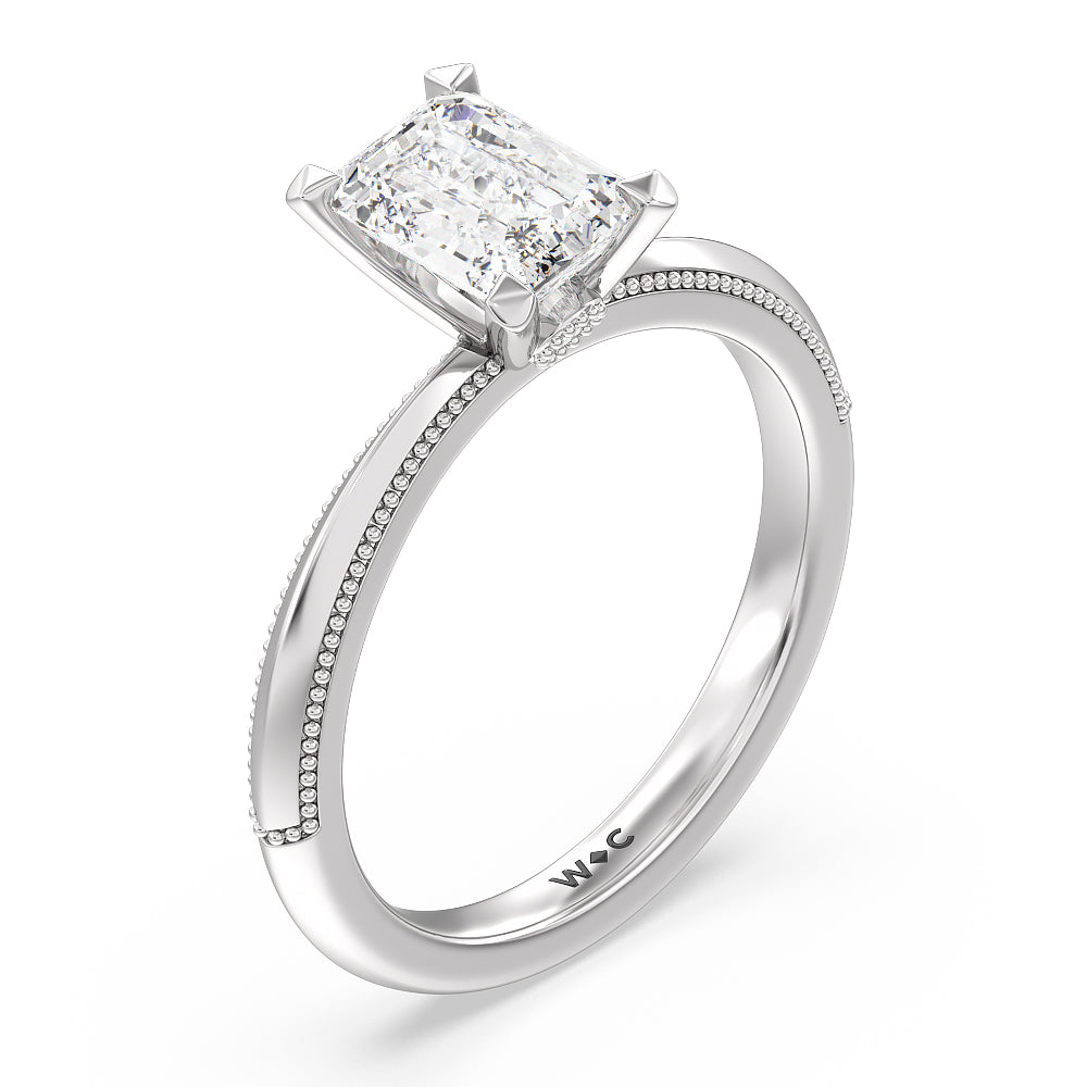 Milgrain Knife Edge Hidden Accent Engagement Ring with Emerald Cut Diamond in 14KT Platinum view 3
