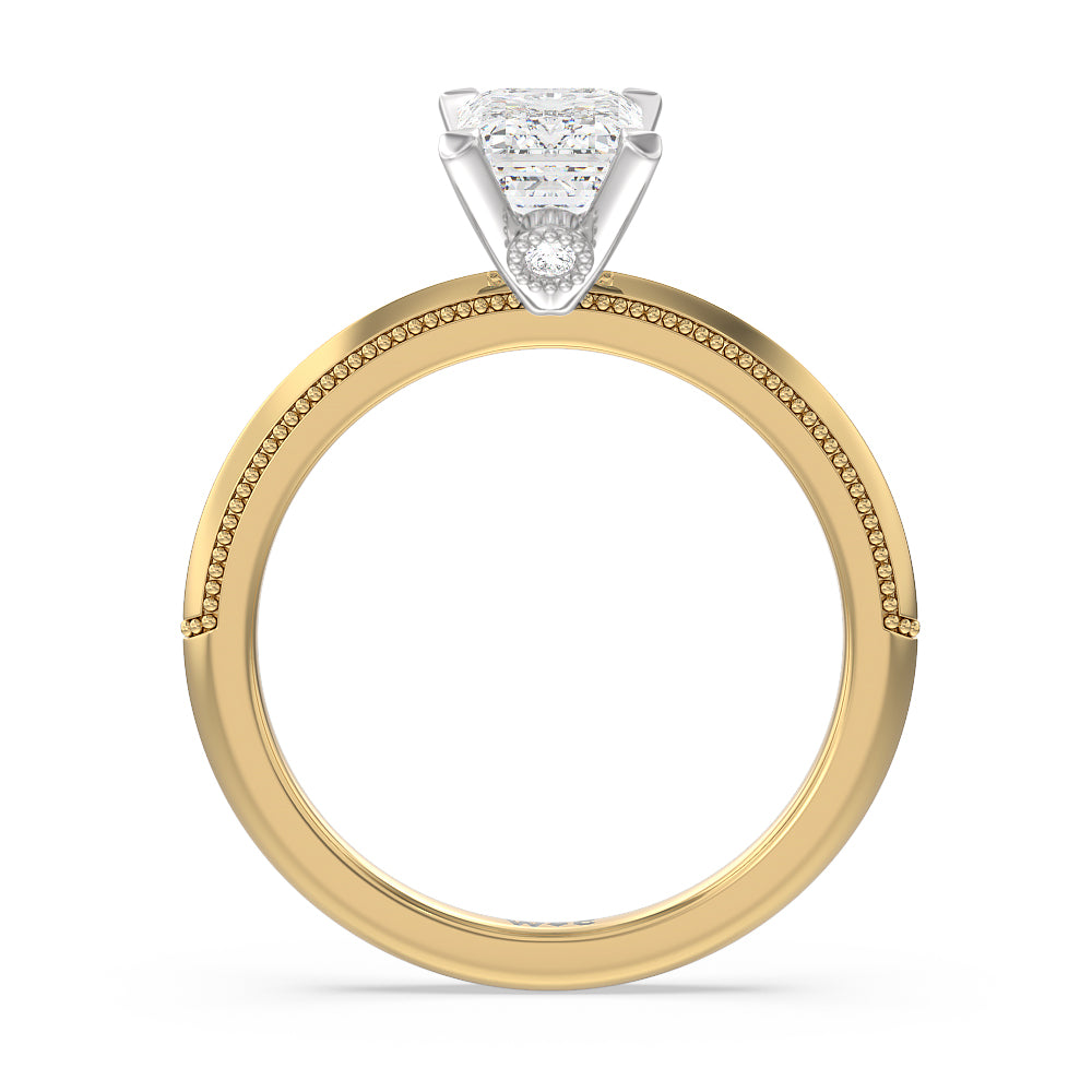 Milgrain Knife Edge Hidden Accent Engagement Ring with Emerald Cut Diamond in 14KT White & Yellow Gold view 2
