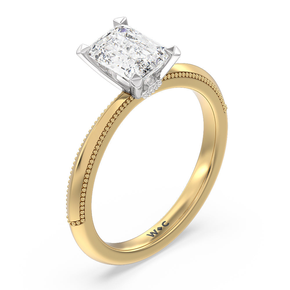 Milgrain Knife Edge Hidden Accent Engagement Ring with Emerald Cut Diamond in 14KT White & Yellow Gold view 3

