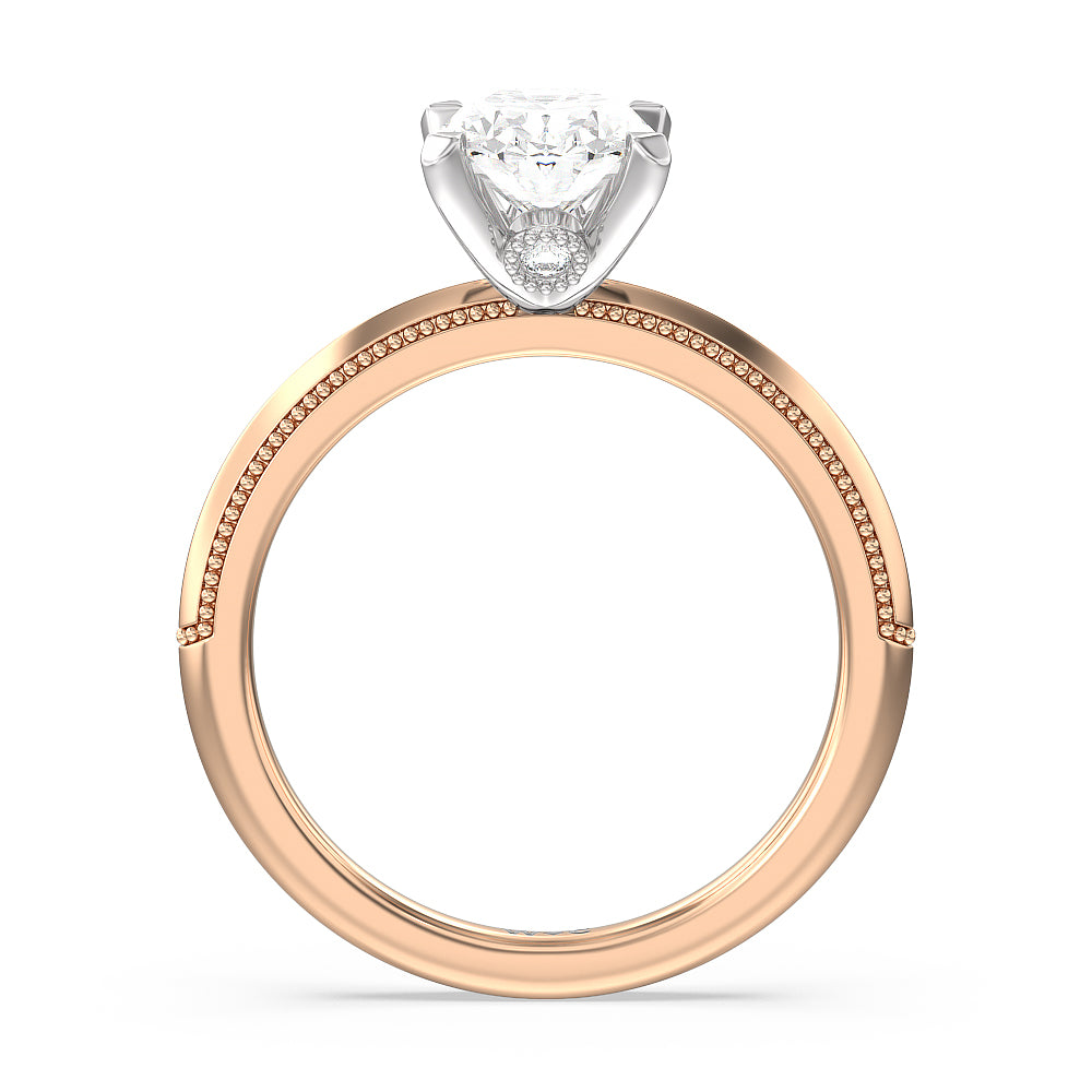 Milgrain Knife Edge Hidden Accent Engagement Ring with Oval Cut Diamond in 14KT White & Rose Gold view 2
