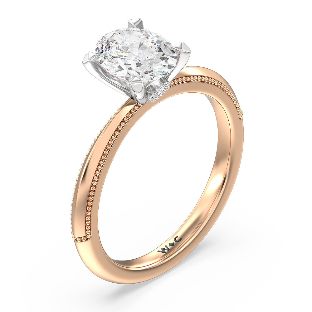 Milgrain Knife Edge Hidden Accent Engagement Ring with Oval Cut Diamond in 14KT White & Rose Gold view 3
